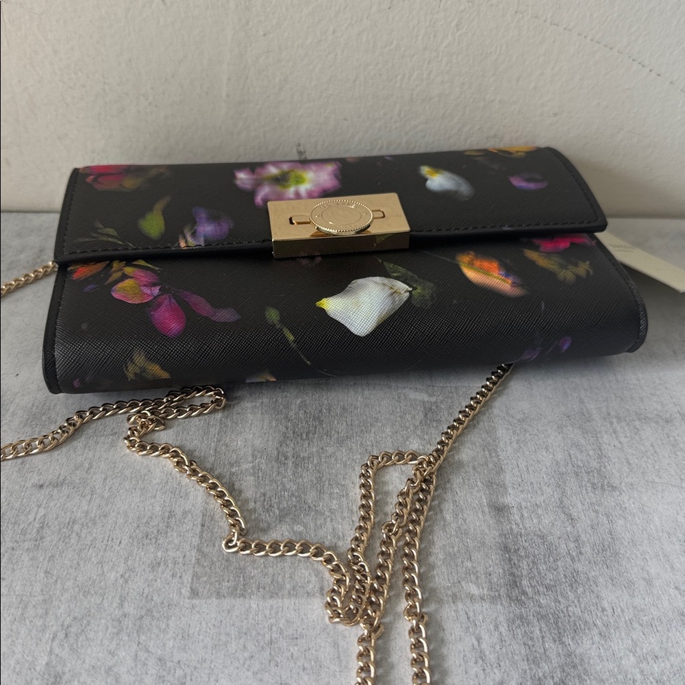 Ted Baker Floral Black Red Chain Clutch Parisa Leather Crossbody - Picture 12 of 13